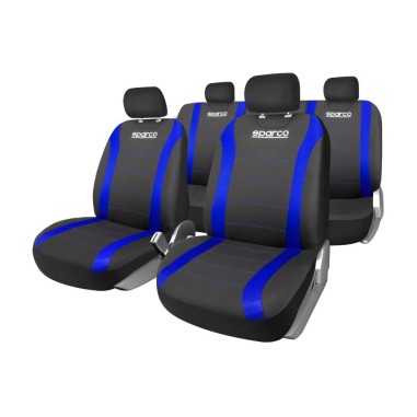 JEU DE HOUSSES COMPLET SPARCO NOIR AVEC BANDES BLEUES Logo a l'avant seulement