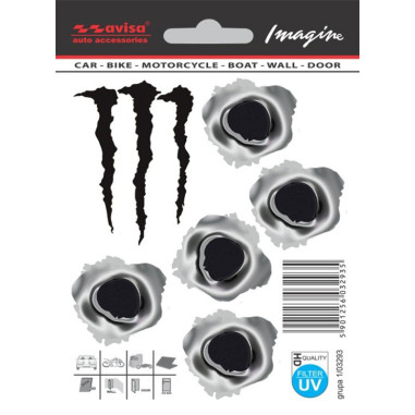 Avisa Autocollant 5 Bullet Holes 3,5x3x5 cm + Monster 4,5x6.5cm - noir/métal