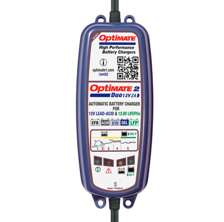 OptiMate 2 DUO - Chargeur-Mainteneur de batterie 12V/12,8V 2A en 5 étapes
