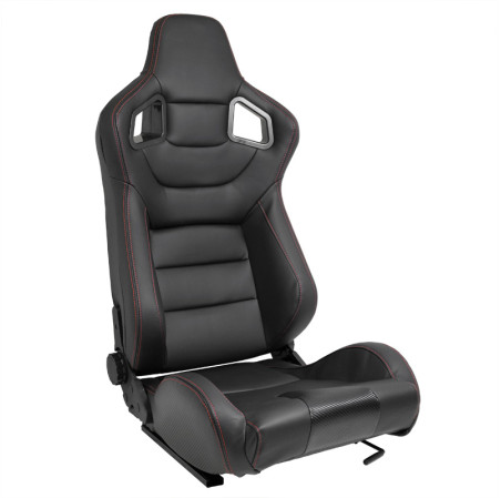 AutoStyle Siège baquet 'RK' - Simili Cuir Noir + Surpiqûres rouge - Dossier réglable - incl. glissières