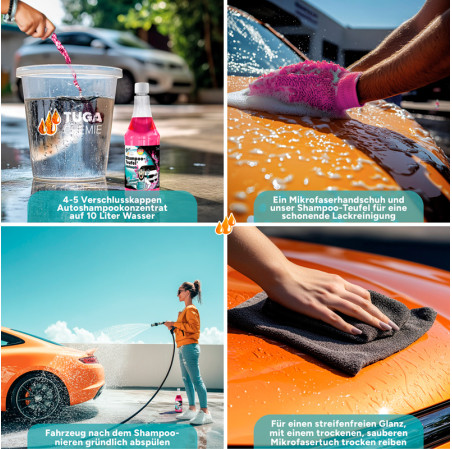 Tuga Chemie Shampoo-Teufel - Shampoing pour lavage de voiture - Rose - 1000ml - avec formule Gloss
