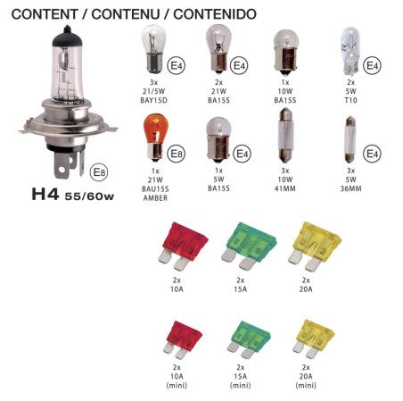 Swiss drive coffret d'ampoules de remplacement h4 + 18 ampoules + 12 fusibles