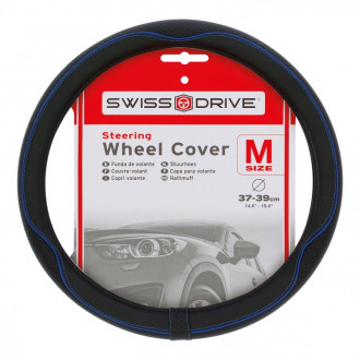 Couvre volant CENTAURO de la marque SWISS DRIVE. Dimension : Diamètre 37-39 CM. Couleur noir et bleu.