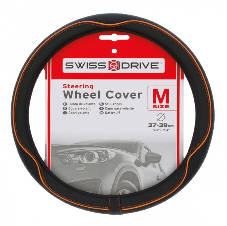Couvre volant CENTAURO de la marque SWISS DRIVE. Dimension : Diamètre 37-39 cm. Couleur noir et orange.