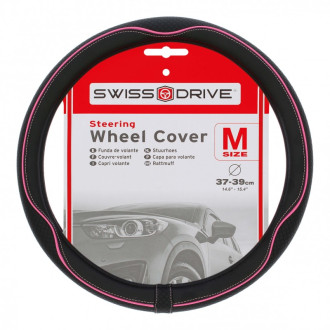 Couvre volant CENTAURO de la marque SWISS DRIVE. Dimension : Diamètre 37-39 cm. Couleur noir et rose.