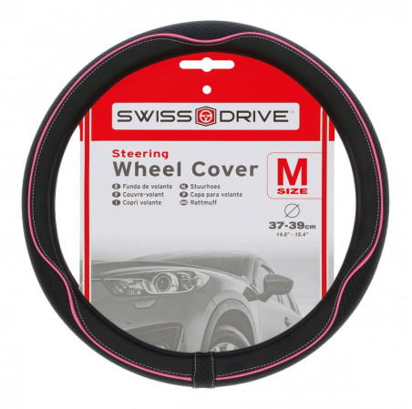 Couvre volant CENTAURO de la marque SWISS DRIVE. Dimension : Diamètre 37-39 cm. Couleur noir et rose.