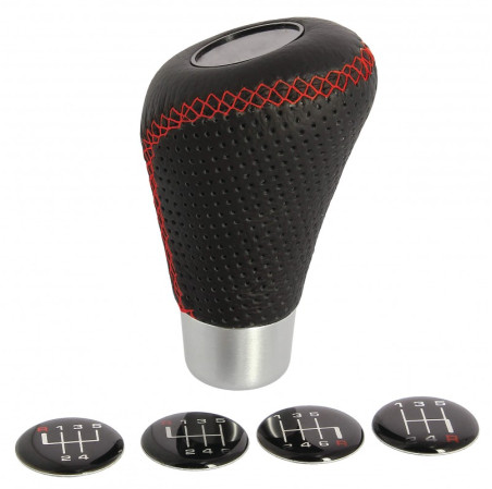 Pommeau de levier de vitesse noir de la marque SWISS DRIVE avec une surpiqure sportive rouge et universel grâce à ses 4 autocoll