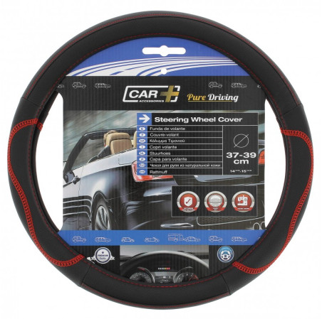 Couvre volant de la marque CAR+ compatible avec les volants à méplat, surpiqure élégante. Dimension : Diamètre 37-39 CM.