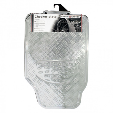 Tapis PVC universel look aluminium SWISS DRIVE. Set de 4 pièces. Dimensions Avant : 2* 65 x 47cm - Arrière 2* 41 x 47cm. Disponi