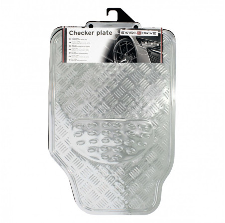 Tapis PVC universel look aluminium SWISS DRIVE. Set de 4 pièces. Dimensions Avant : 2* 65 x 47cm - Arrière 2* 41 x 47cm. Disponi