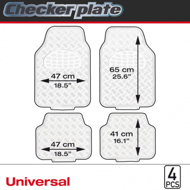 Tapis PVC universel look aluminium SWISS DRIVE. Set de 4 pièces. Dimensions Avant : 2* 65 x 47cm - Arrière 2* 41 x 47cm. Disponi