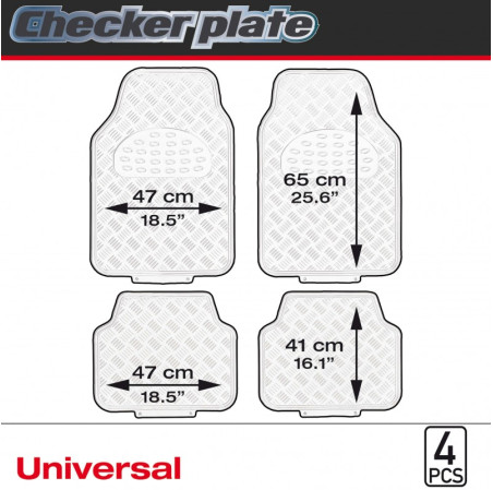 Tapis PVC universel look aluminium SWISS DRIVE. Set de 4 pièces. Dimensions Avant : 2* 65 x 47cm - Arrière 2* 41 x 47cm. Disponi