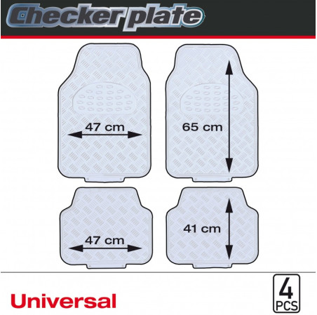 Tapis PVC universel look aluminium SWISS DRIVE. Set de 4 pièces. Dimensions Avant : 2* 65x47cm - Arrière 2* 41x47cm. Disponible 