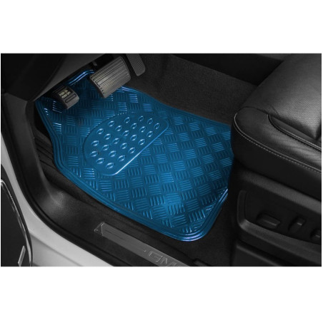 Tapis PVC universel look aluminium SWISS DRIVE. Set de 4 pièces. Dimensions Avant : 2* 65x47cm - Arrière 2* 41x47cm. Disponible 