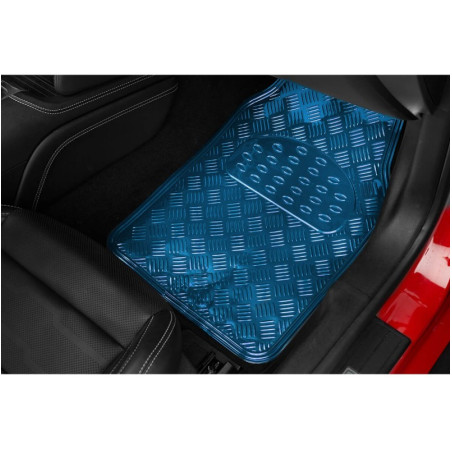 Tapis PVC universel look aluminium SWISS DRIVE. Set de 4 pièces. Dimensions Avant : 2* 65x47cm - Arrière 2* 41x47cm. Disponible 
