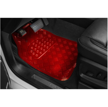 Tapis PVC universel look aluminium SWISS DRIVE. Set de 4 pièces. Dimensions Avant : 2* 65 x 47cm - Arrière 2* 41 x 47cm. Disponi