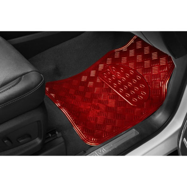 Tapis PVC universel look aluminium SWISS DRIVE. Set de 4 pièces. Dimensions Avant : 2* 65 x 47cm - Arrière 2* 41 x 47cm. Disponi
