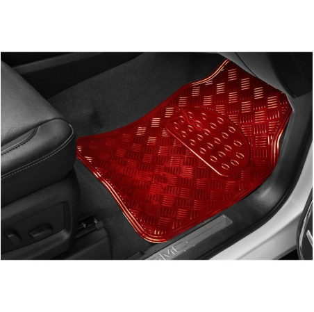 Tapis PVC universel look aluminium SWISS DRIVE. Set de 4 pièces. Dimensions Avant : 2* 65 x 47cm - Arrière 2* 41 x 47cm. Disponi