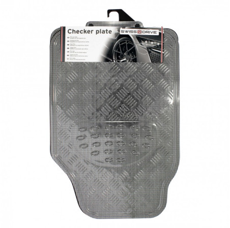 Tapis PVC universel look aluminium SWISS DRIVE. Set de 4 pièces. Dimensions Avant : 2* 65 x 47cm - Arrière 2* 41 x 47cm. Disponi