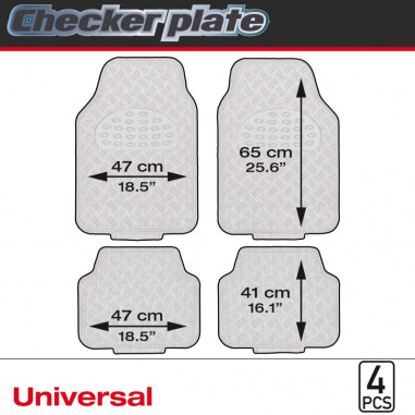 Tapis PVC universel look aluminium SWISS DRIVE. Set de 4 pièces. Dimensions Avant : 2* 65 x 47cm - Arrière 2* 41 x 47cm. Disponi