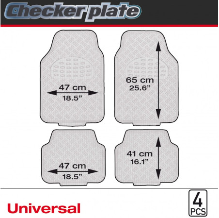 Tapis PVC universel look aluminium SWISS DRIVE. Set de 4 pièces. Dimensions Avant : 2* 65 x 47cm - Arrière 2* 41 x 47cm. Disponi