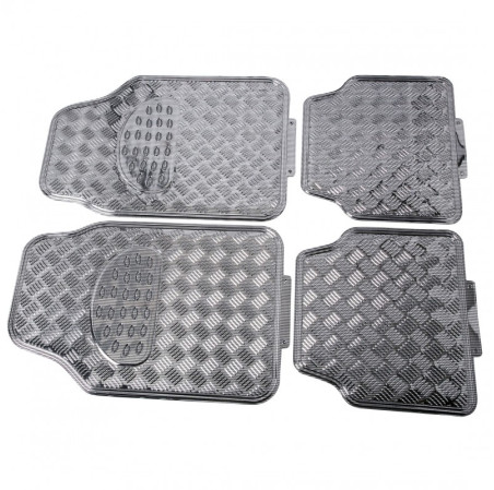 Tapis PVC universel look aluminium SWISS DRIVE. Set de 4 pièces. Dimensions Avant : 2* 65 x 47cm - Arrière 2* 41 x 47cm. Disponi