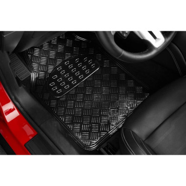 Tapis PVC universel look aluminium SWISS DRIVE. Set de 4 pièces. Dimensions Avant : 2* 65 x 47cm - Arrière 2* 41 x 47cm. Disponi
