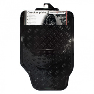 Tapis PVC universel look aluminium SWISS DRIVE. Set de 4 pièces. Dimensions Avant : 2* 65 x 47cm - Arrière 2* 41 x 47cm. Disponi