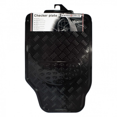 Tapis PVC universel look aluminium SWISS DRIVE. Set de 4 pièces. Dimensions Avant : 2* 65 x 47cm - Arrière 2* 41 x 47cm. Disponi