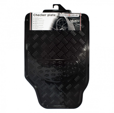 Tapis PVC universel look aluminium SWISS DRIVE. Set de 4 pièces. Dimensions Avant : 2* 65 x 47cm - Arrière 2* 41 x 47cm. Disponi