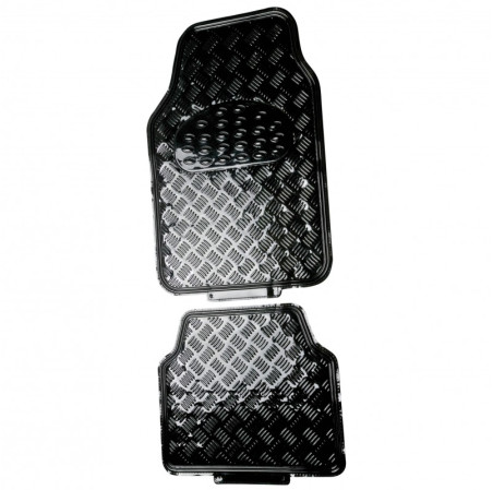 Tapis PVC universel look aluminium SWISS DRIVE. Set de 4 pièces. Dimensions Avant : 2* 65 x 47cm - Arrière 2* 41 x 47cm. Disponi