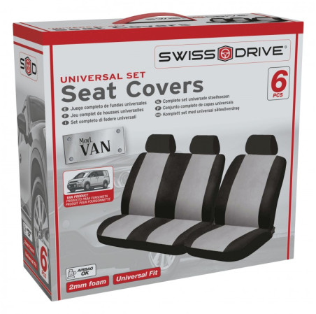 Housses de siège pour van de la marque SWISS DRIVE. Couleur : noir et gris. 6pcs.