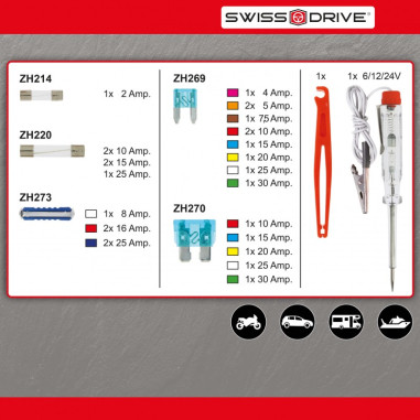 BOITE DE FUSIBLES + ACCESSOIRES 28 PIECES Contenant 26 Fusibles, 1 Pince Et 1 Testeur De Tension 12V