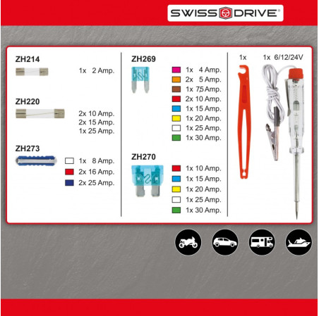 BOITE DE FUSIBLES + ACCESSOIRES 28 PIECES Contenant 26 Fusibles, 1 Pince Et 1 Testeur De Tension 12V