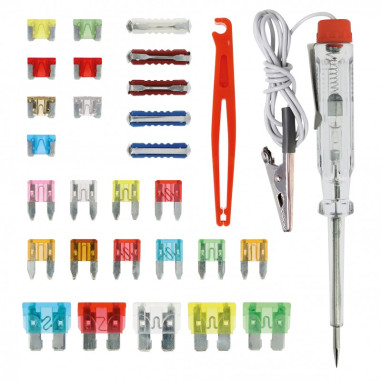 BOITE DE FUSIBLES + ACCESSOIRES 29 PIECES Contenant 27 Fusibles, 1 Pince Et 1 Testeur De Tension 12V