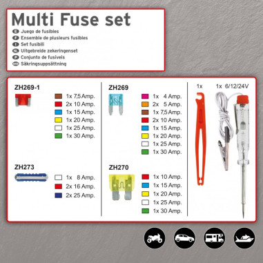 BOITE DE FUSIBLES + ACCESSOIRES 29 PIECES Contenant 27 Fusibles, 1 Pince Et 1 Testeur De Tension 12V