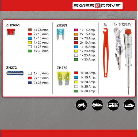 BOITE DE FUSIBLES + ACCESSOIRES 29 PIECES Contenant 27 Fusibles, 1 Pince Et 1 Testeur De Tension 12V