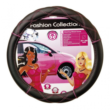 Couvre volant CAR+ au point de croix rose. Ergonomique 37-39cm et universel. Facile à poser. Disponible en 2 coloris : rose et n