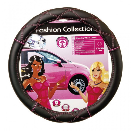 Couvre volant CAR+ au point de croix rose. Ergonomique 37-39cm et universel. Facile à poser. Disponible en 2 coloris : rose et n