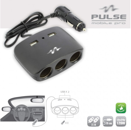 3 multiprises allume cigare + 2 usb 2.1a noir