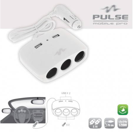 3 multiprises allume cigare + 2 usb 2.1a blanc