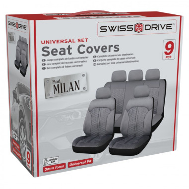 Swiss drive housses de siege milan 9pcs noir surpiqures grises