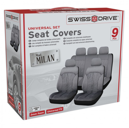 Swiss drive housses de siege milan 9pcs noir surpiqures grises