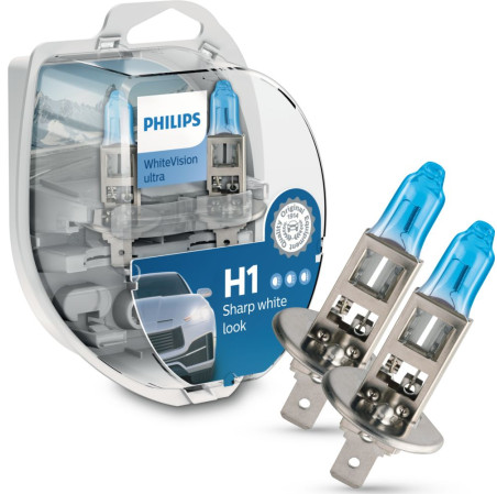 Pack de 2 ampoules H1 Philips WhiteVision ULTRA + Veilleuses - 12258WVUSM. culot H1, 55W, 3700K, 12V.